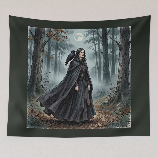 Item preview, Witch with Raven Familiar, Gothic Moonlit Forest Art designed and sold by Roberta Calabrese.
