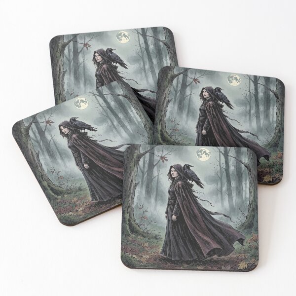 Item preview, Witch with Raven Familiar, Gothic Moonlit Forest Art designed and sold by Roberta Calabrese.