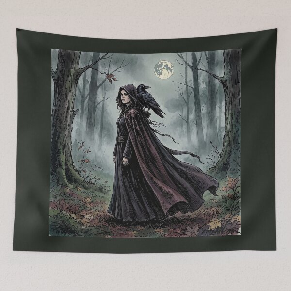 Item preview, Witch with Raven Familiar, Gothic Moonlit Forest Art designed and sold by Roberta Calabrese.