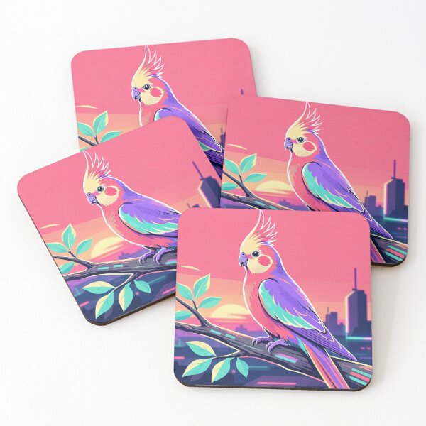 Item preview, Cockatiel Parrot Synthwave | Vaporwave City Skyline designed and sold by Dogandesighn.