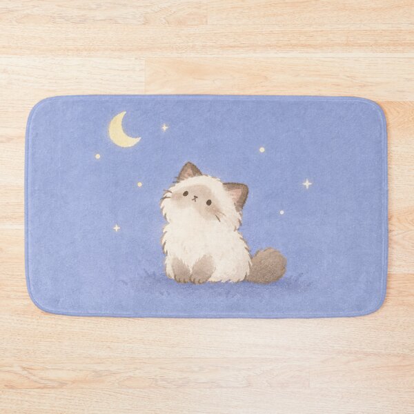 Artikelvorschau, Kawaii Ragdoll-Katze unter einem Halbmond und Sternen in Pastellblau entworfen und verkauft von AshiraCreations.