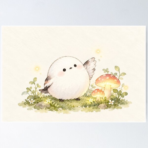 Item preview, Shima Enaga Snow Fairy Bird Waving Beside Glowing Woodland Mushrooms designed and sold by AshiraCreations.