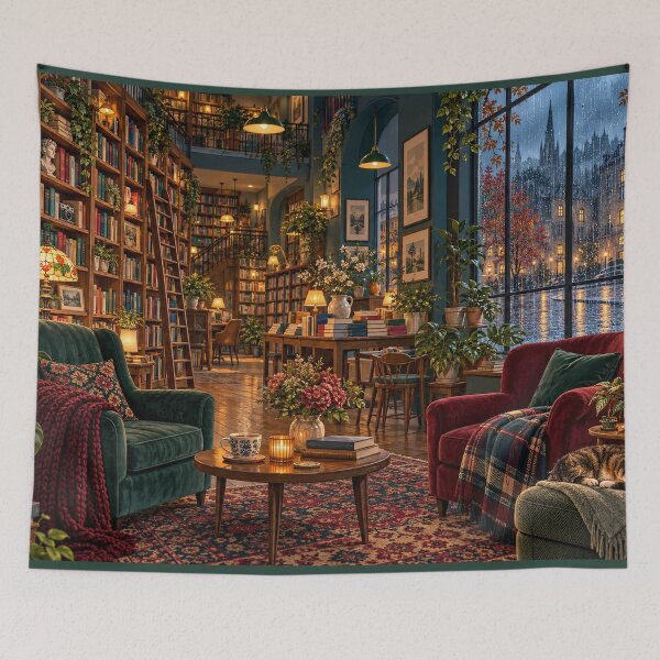 Item preview, Rainy Bookshop Jigsaw Puzzle – Cozy Bookstore Interior with Cat and Books designed and sold by astersgraphics.