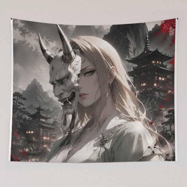 Item preview, Mystic Oni Queen – White Kimono and Horned Demon Mask Japanese Dark Fantasy Art designed and sold by Dyan4.