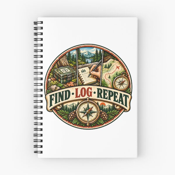 Item preview, Round Find Log Repeat Geocaching Badge designed and sold by MysticCanvasAi.