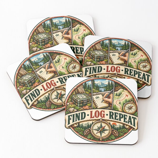 Item preview, Round Find Log Repeat Geocaching Badge designed and sold by MysticCanvasAi.