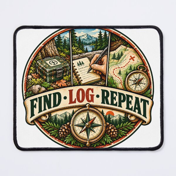 Item preview, Round Find Log Repeat Geocaching Badge designed and sold by MysticCanvasAi.