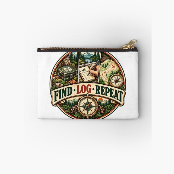 Item preview, Round Find Log Repeat Geocaching Badge designed and sold by MysticCanvasAi.