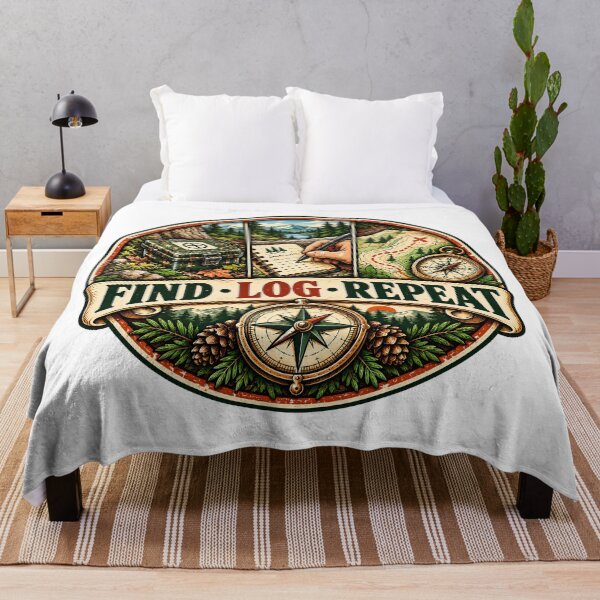 Item preview, Round Find Log Repeat Geocaching Badge designed and sold by MysticCanvasAi.