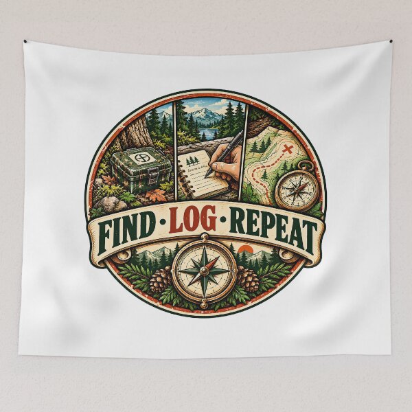 Item preview, Round Find Log Repeat Geocaching Badge designed and sold by MysticCanvasAi.