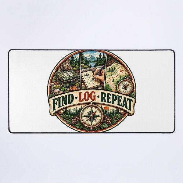 Item preview, Round Find Log Repeat Geocaching Badge designed and sold by MysticCanvasAi.