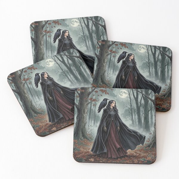 Item preview, Witch with Raven Familiar, Gothic Moonlit Forest Art designed and sold by Roberta Calabrese.