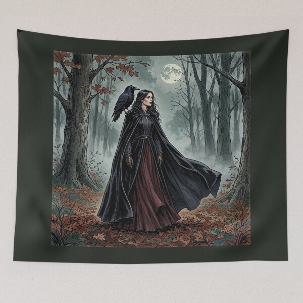 Item preview, Witch with Raven Familiar, Gothic Moonlit Forest Art designed and sold by Roberta Calabrese.