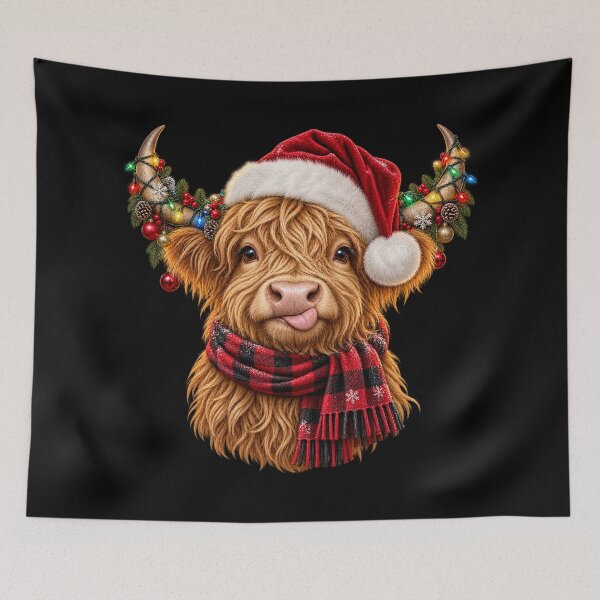 Item preview, Cute Highland Cow Christmas Santa Hat and Plaid Scarf designed and sold by will freed18.
