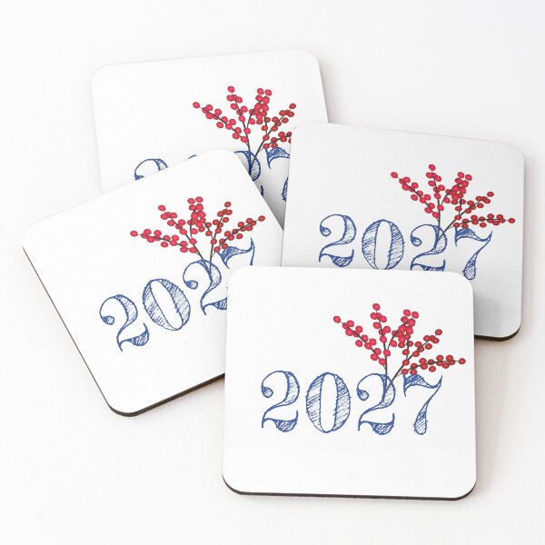 Item preview, Happy New Year 2027 Blue Sketch Typography - Christmas Red Berries Illustration designed and sold by Caterina@.