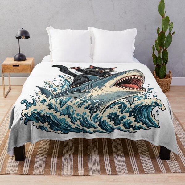 Item preview, Angry Black Cat Riding a Great White Shark designed and sold by will freed18.