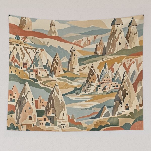 Item preview, Cappadocia Fairy Chimneys Vintage Travel Art | Turkey Landscape designed and sold by Dogandesighn.
