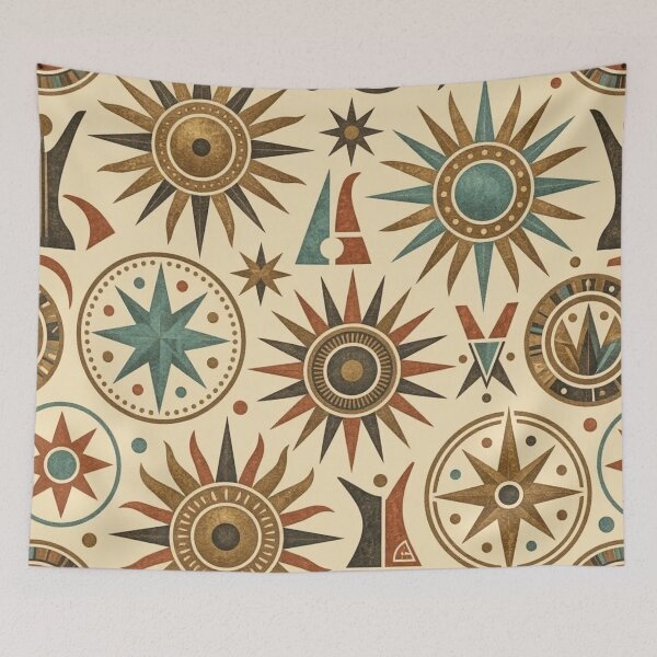 Item preview, Ancient Sun & Star Celestial Pattern | Mid Century Celestial Art designed and sold by Dogandesighn.