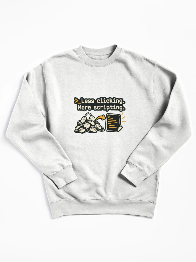 Thumbnail 1 of 6, Pullover Sweatshirt, Less Clicking More Scripting Shell Automation Graphic designed and sold by ThreadQuirk.