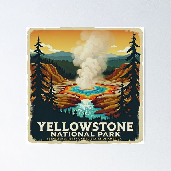 Item preview, Yellowstone National Park Vintage Grand Prismatic Spring Geysers Retro Art Print designed and sold by GabeMountainArt.
