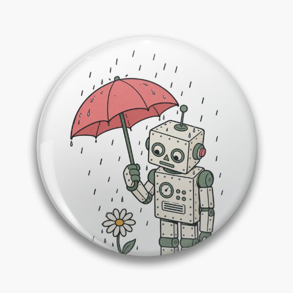 Artikelvorschau, Vintage-Zinnroboter mit Regenschirm über einer Gänseblümchen im Regen – Illustration im Retro-Siebdruckstil zum Thema Freundlichkeit entworfen und verkauft von OnPointOutfits.
