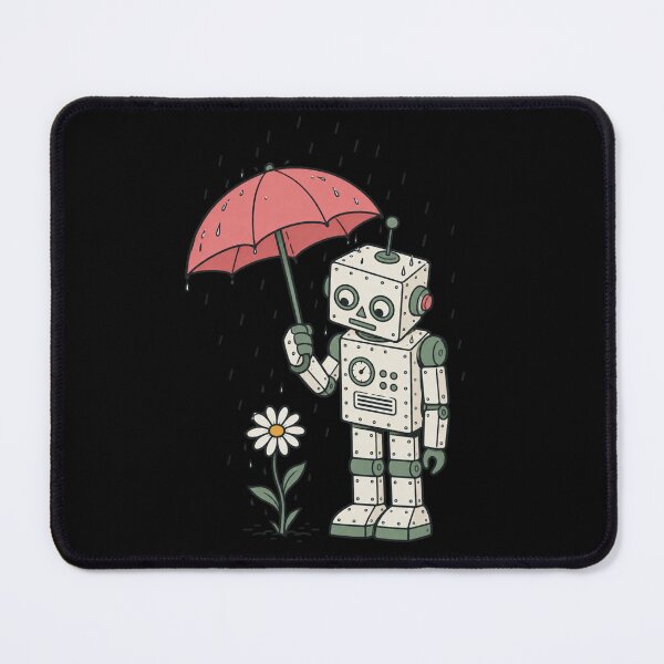 Item preview, Vintage Tin Robot Holding Umbrella Over Daisy in the Rain Retro Silkscreen Style Kindness Illustration designed and sold by OnPointOutfits.