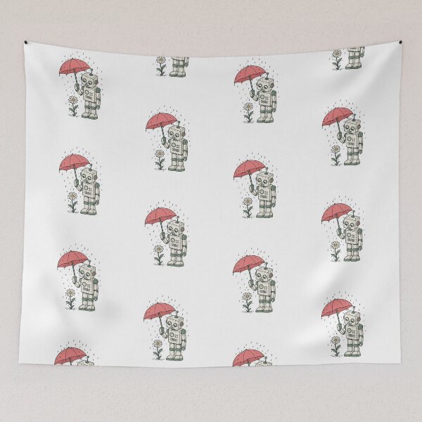 Item preview, Vintage Tin Robot Holding Umbrella Over Daisy in the Rain Retro Silkscreen Style Kindness Illustration designed and sold by OnPointOutfits.