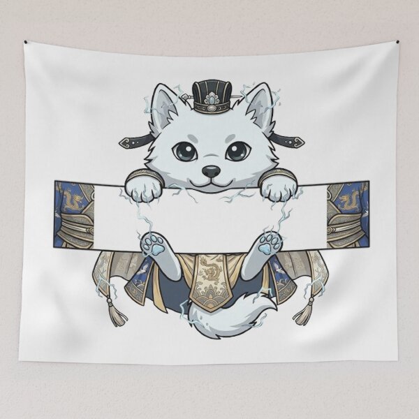 Item preview, Cute Anime White Fox Holding Blank Banner | Oriental Fantasy Chibi Pin designed and sold by PetalsPaws.