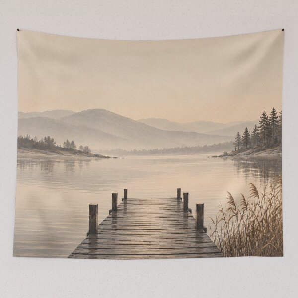 Aperçu de l'œuvre Misty Mountain Lake Wooden Pier créée et vendue par NordenPosters.