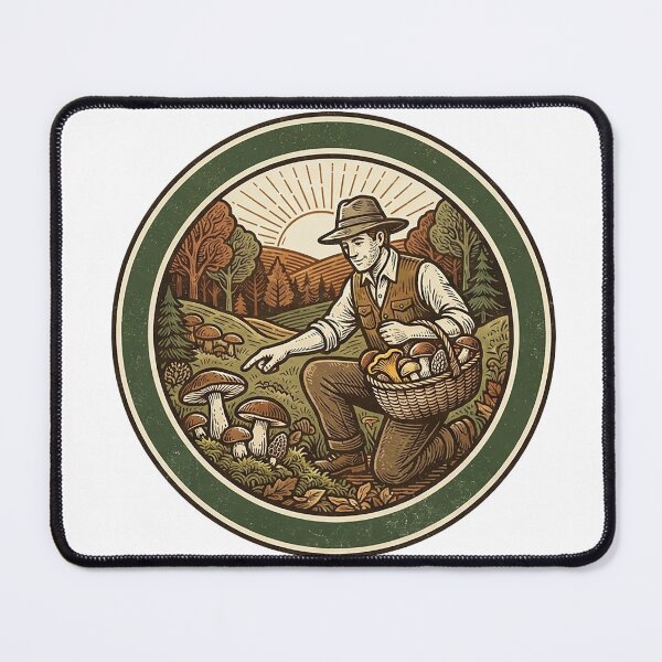Item preview, Vintage Mushroom Forager - Cottagecore Forest Autumn Art designed and sold by The Red Lime.