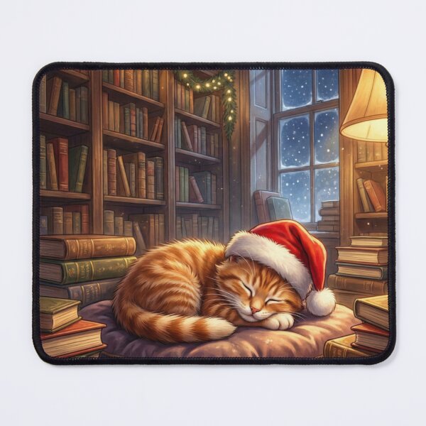 Item preview, Cute Christmas Orange Ginger Kitten Sleeping in Library Illustration designed and sold by Englandbear.