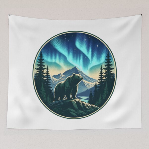 Item preview, Bear Under Northern Lights – Mountain Wilderness Nature Art designed and sold by GenZStickerHub1.