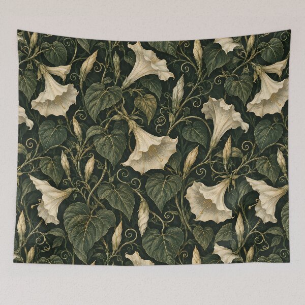 Item preview, Vintage White Moonflower Vine Dark Green Botanical Wallpaper designed and sold by Apex Designs.