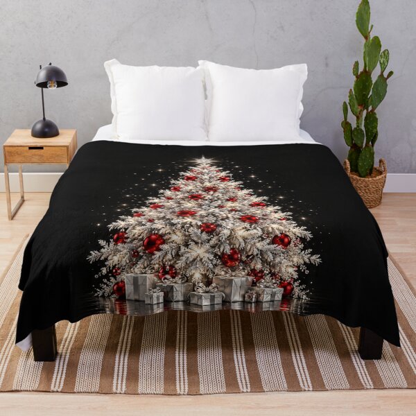 Aperçu de l'œuvre Sapin de Noël argenté orné de décorations rouge rubis créée et vendue par Kimberly Palmer.