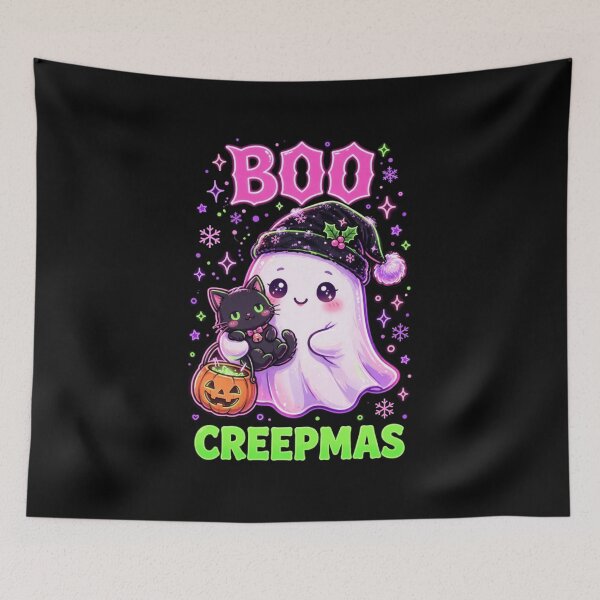 Item preview, Boo Creepmas Cute Ghost Holding Black Cat Santa Hat Spooky Christmas designed and sold by Neon Bones Studio.