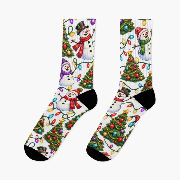 Item preview, Christmas Snowmen & Decorated Trees Pattern – Colourful Festive Lights designed and sold by Island Pace Design.
