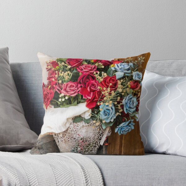 Item preview, Red And Blue Rose Bouquet In Glass Vase On Marble Corner With Decorative Wrapping designed and sold by Nmallia.