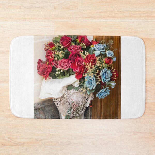 Item preview, Red And Blue Rose Bouquet In Glass Vase On Marble Corner With Decorative Wrapping designed and sold by Nmallia.