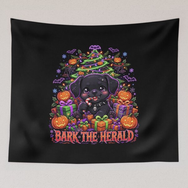 Item preview, Bark The Herald Cute Black Puppy Creepmas Christmas Tree Spooky Dog designed and sold by Neon Bones Studio.