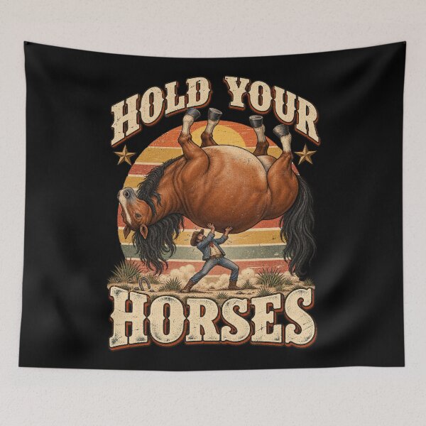 Aperçu de l'œuvre Hold Your Horses – Funny Upside Down Horse Cowboy Meme créée et vendue par GrimCuteStudio.