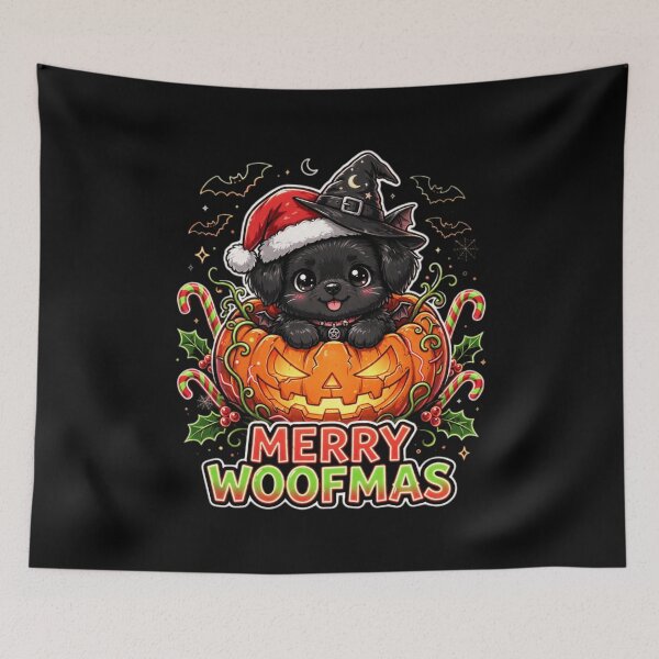 Item preview, Merry Woofmas Cute Black Puppy in Pumpkin Witch Hat Spooky Christmas designed and sold by Neon Bones Studio.
