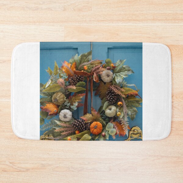 Item preview, Autumn Wreath With Pumpkins and Pinecones Hanging on a Blue Front Door for Fall Decor designed and sold by Nmallia.