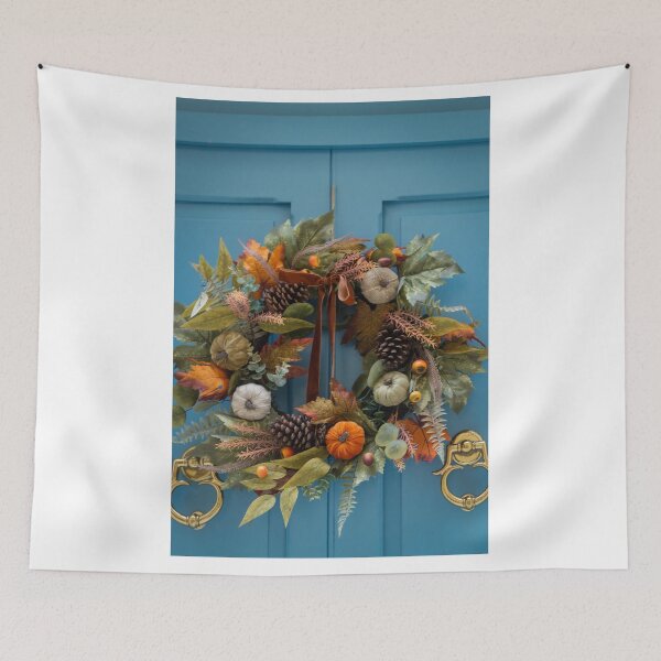 Item preview, Autumn Wreath With Pumpkins and Pinecones Hanging on a Blue Front Door for Fall Decor designed and sold by Nmallia.