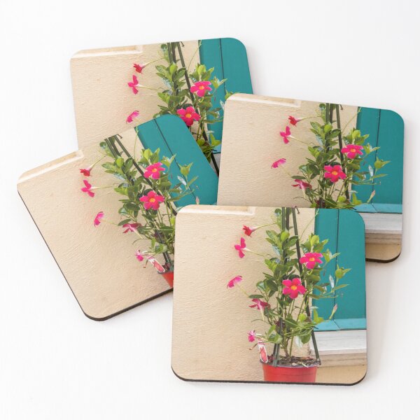 Item preview, Potted Pink Mandevilla Vine With Bright Flowers Beside Teal Door On Stucco Wall designed and sold by Nmallia.