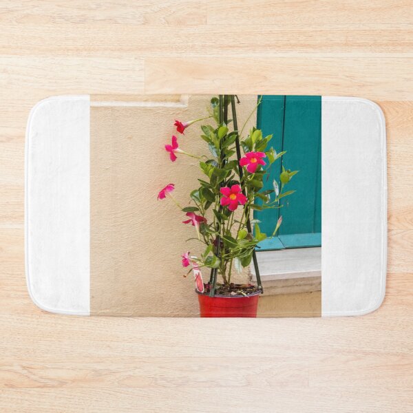 Item preview, Potted Pink Mandevilla Vine With Bright Flowers Beside Teal Door On Stucco Wall designed and sold by Nmallia.