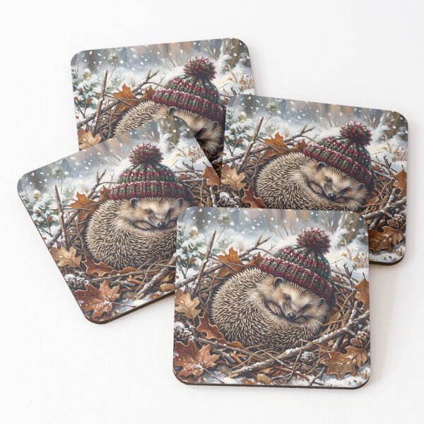 Item preview, Cute Cottagecore Winter Sleeping Hedgehog in Knitted Bobble Hat Illustration designed and sold by Englandbear.