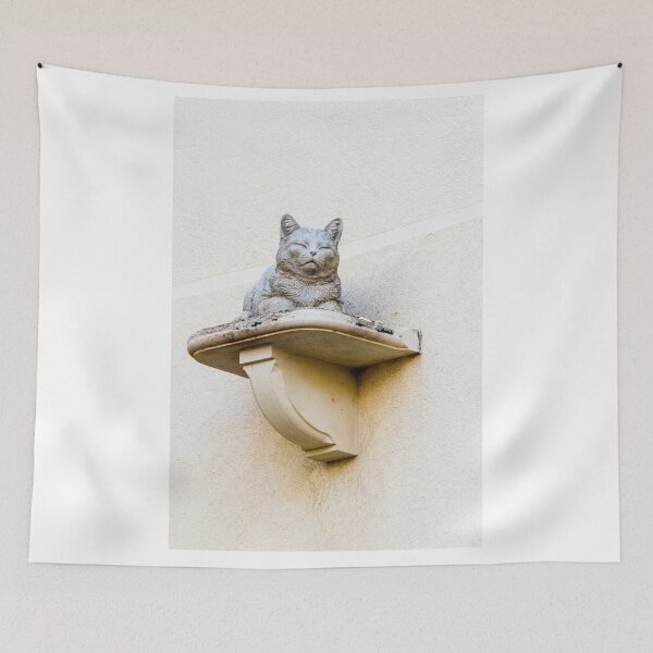 Item preview, Stone Cat Statue on Decorative Wall Shelf Against Textured Beige Stucco Wall designed and sold by Nmallia.