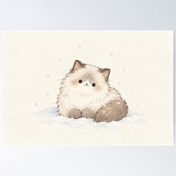 Item preview, Kawaii Ragdoll Cat Resting in Winter Snow with a Fluffy Curled Tail designed and sold by AshiraCreations.