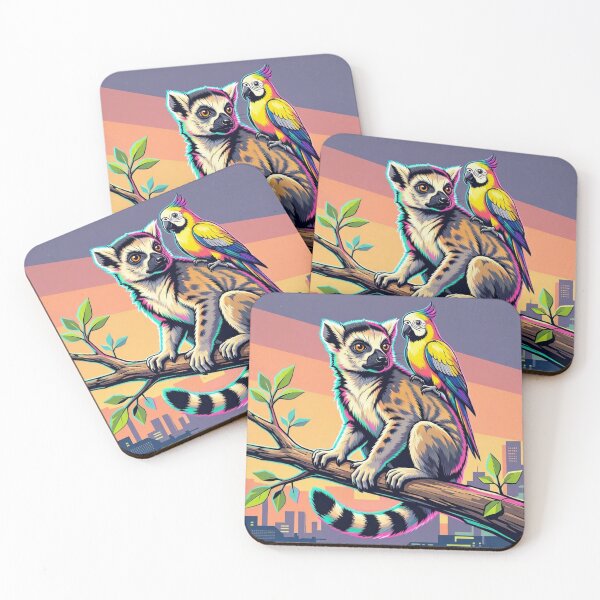 Item preview, Neon Ring Tailed Lemur and Macaw Parrot Sunset Illustration designed and sold by Dogandesighn.