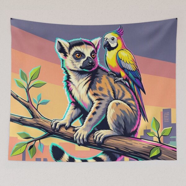 Item preview, Neon Ring Tailed Lemur and Macaw Parrot Sunset Illustration designed and sold by Dogandesighn.